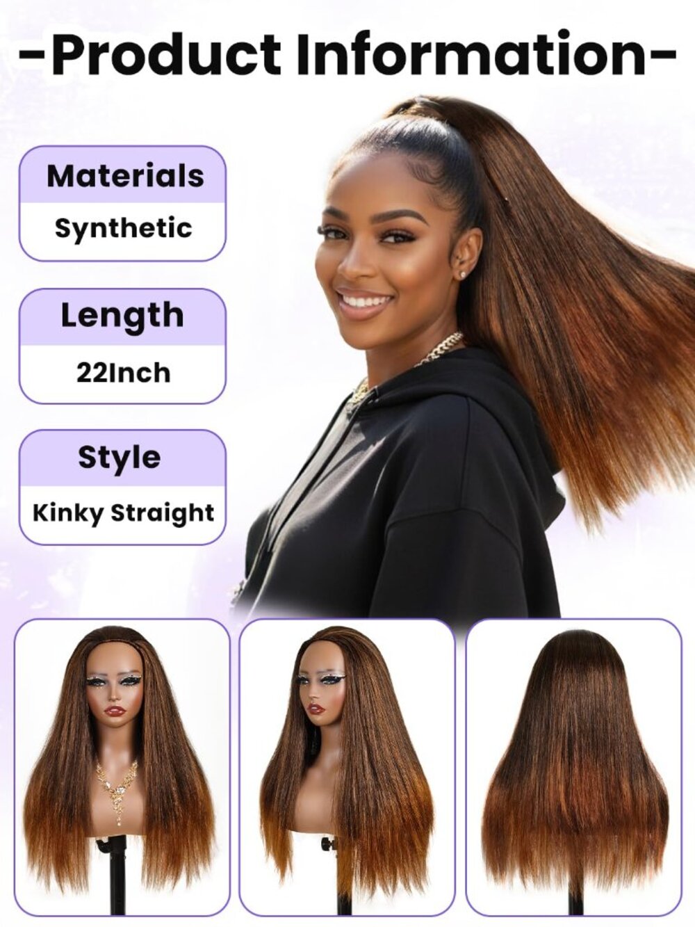 Women's Brown 22 Inch Comfortable Synthetic Modern Straight Half Wig Bangs - Picture 4 of 6